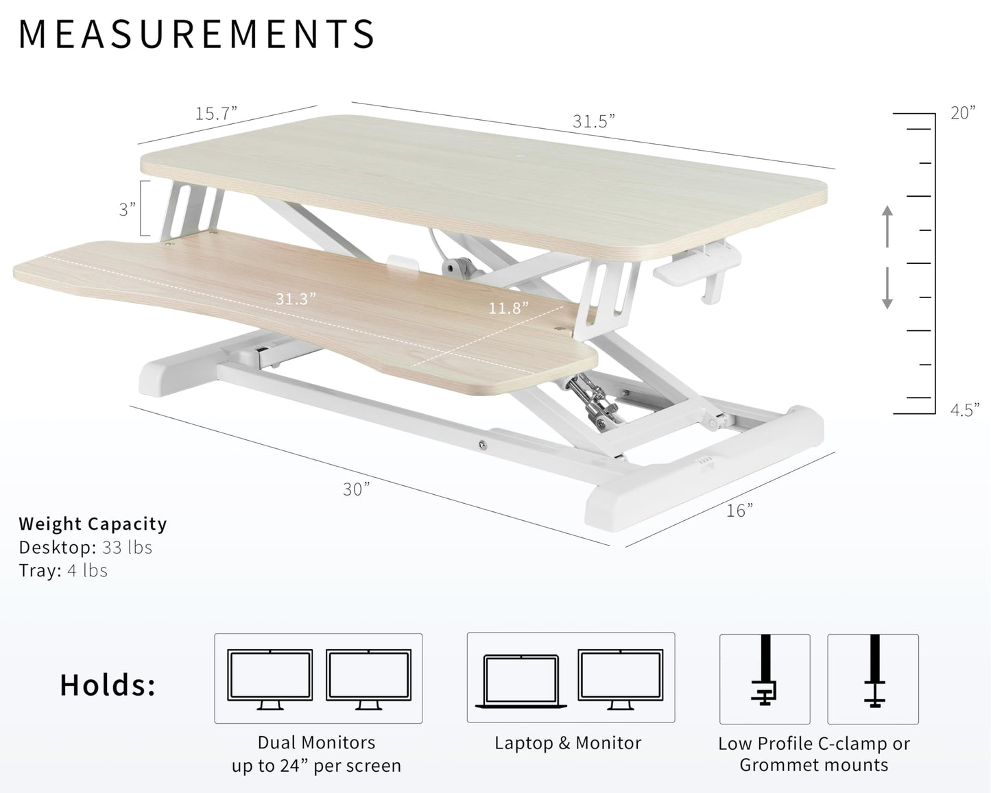 VIVO 32 inch Desk Converter, K Series, Height Adjustable Sit to Stand Riser, Dual Monitor and Laptop Workstation with Wide Keyboard Tray, Light Wood Top, White Frame, DESK-V000KF