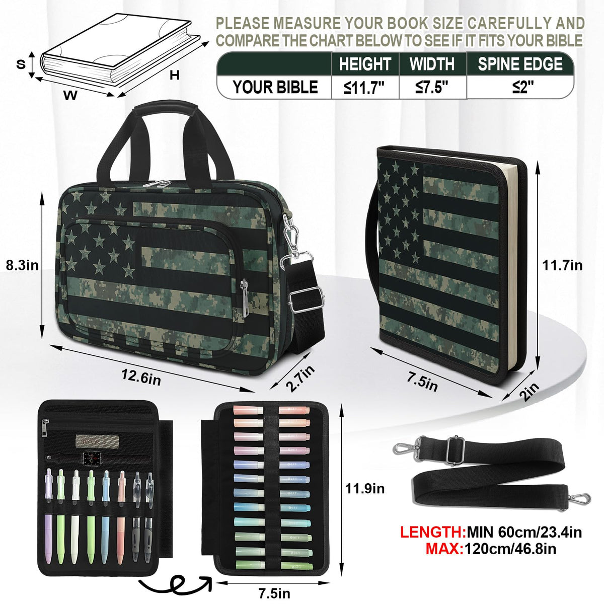 IBOVODI American Flag Caom Bible Cover Case for Men Boys, Large Kids Tactical Bible Carrying Book Case Church Bag, Bible Study Supplies Journaling Kit, Highlighters,Pens Cross Clips, Christian Gifts