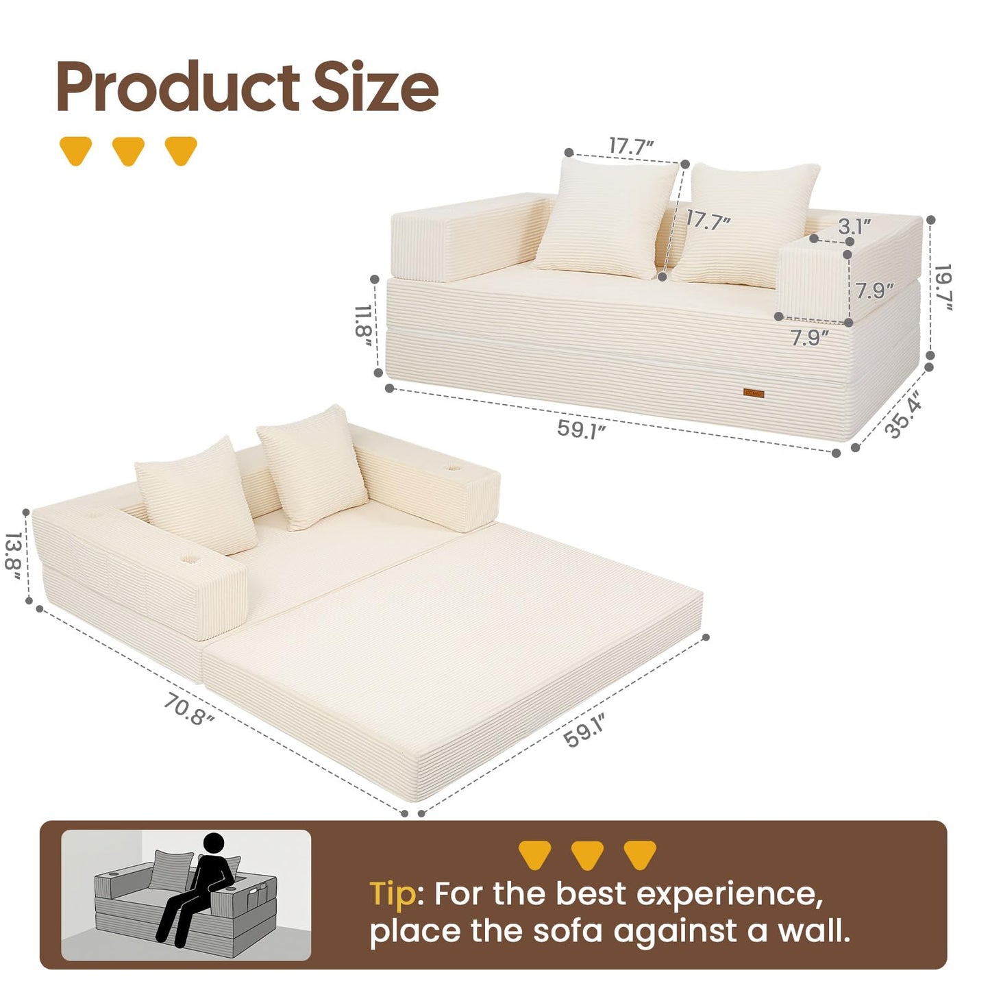 COMAX Futon Sofa Bed, 4‑in‑1 Convertible Sofa Bed, Folding Boneless Couches for Living Room, Fold Out Small Foldable Loveseat Floor Sleeper Comfy Mattress Lounge Space‑Saving, Beige