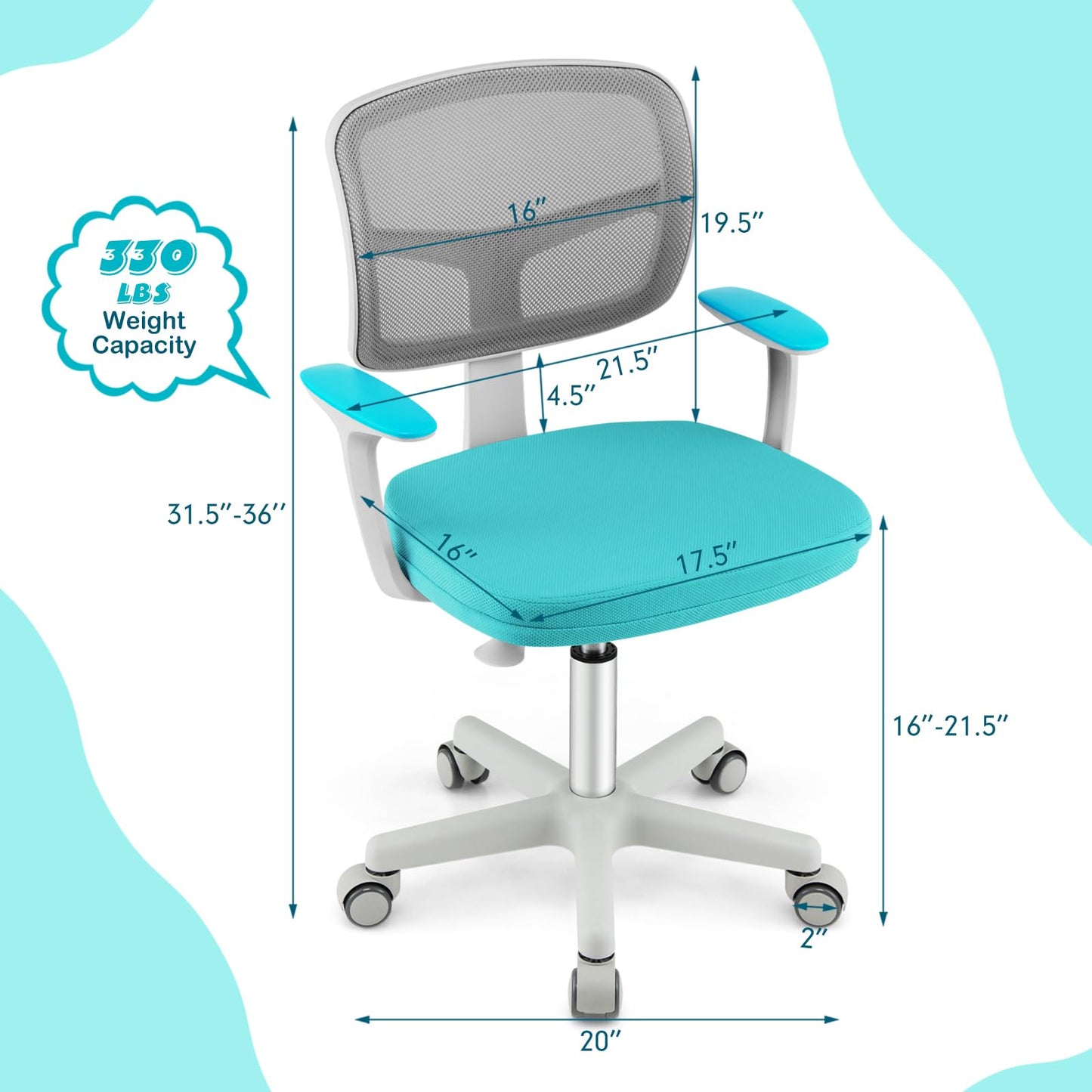 Costzon Kids Desk Chair, Adjustable Children Study Computer Chair with Arms & Wheels, Student Swivel Rolling Task Chair, Ergonomic Kids Office Chair for Boys Girls Age 4-12, Home Bedroom School, Green