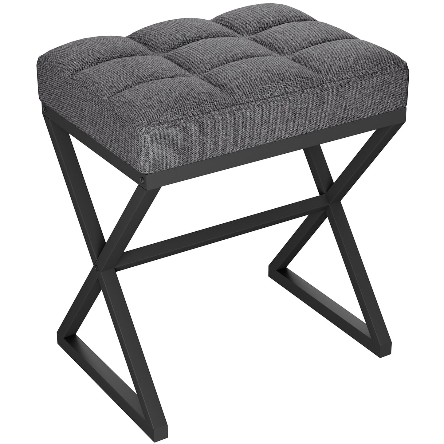 YMYNY Vanity Stool, Linen Footrest, Ottoman Bench with X-Shaped Metal Legs, Makeup Dressing Stool for Vanity, Living Room, Bedroom, Entryway, Hallways 15.74" D×11.81" W×18.11" H Grey UHBD033G