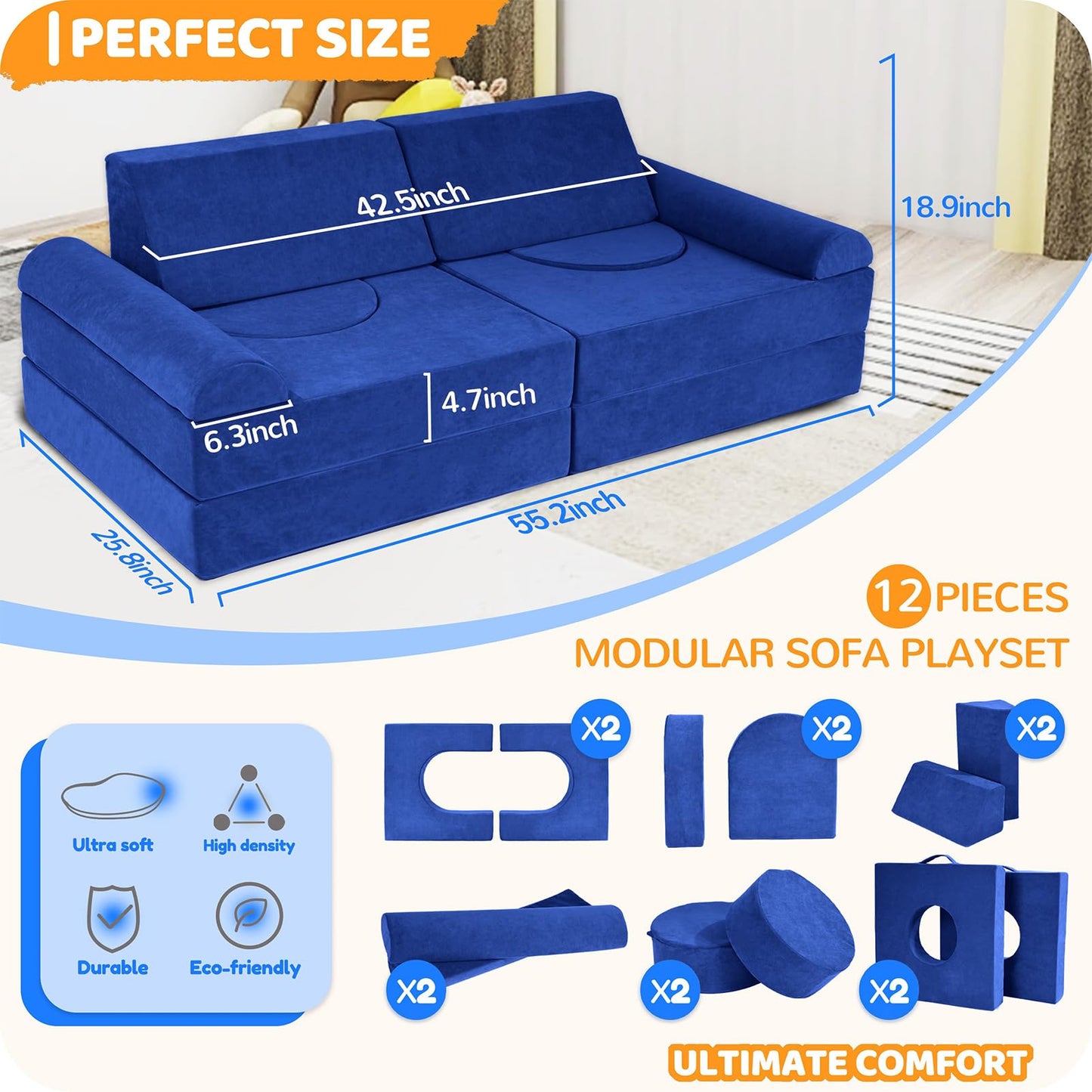 Winhomish 12 Pcs Modular Kids Play Couch – Premium Soft Foam, Removable Cover, Comfortable & Safe Toddler Couch for Children 1-6 Years, Portable & Easy to Clean, Ideal for Living Room & Playroom, Blue
