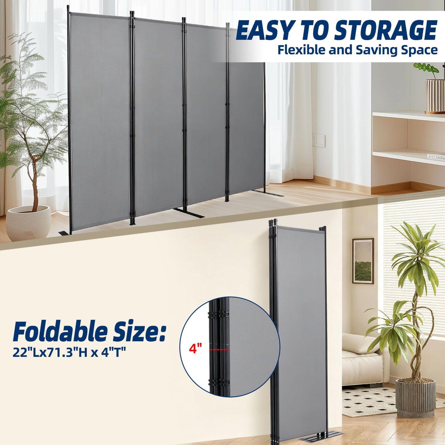 Room Divider and Folding Privacy Screens, Wide Room Divider Wall Screen for Room Separtition, Partition Room Dividers Fabric Panel Wall Dividers Freestanding for Office (Grey, 4 Panel-88'' Wide)