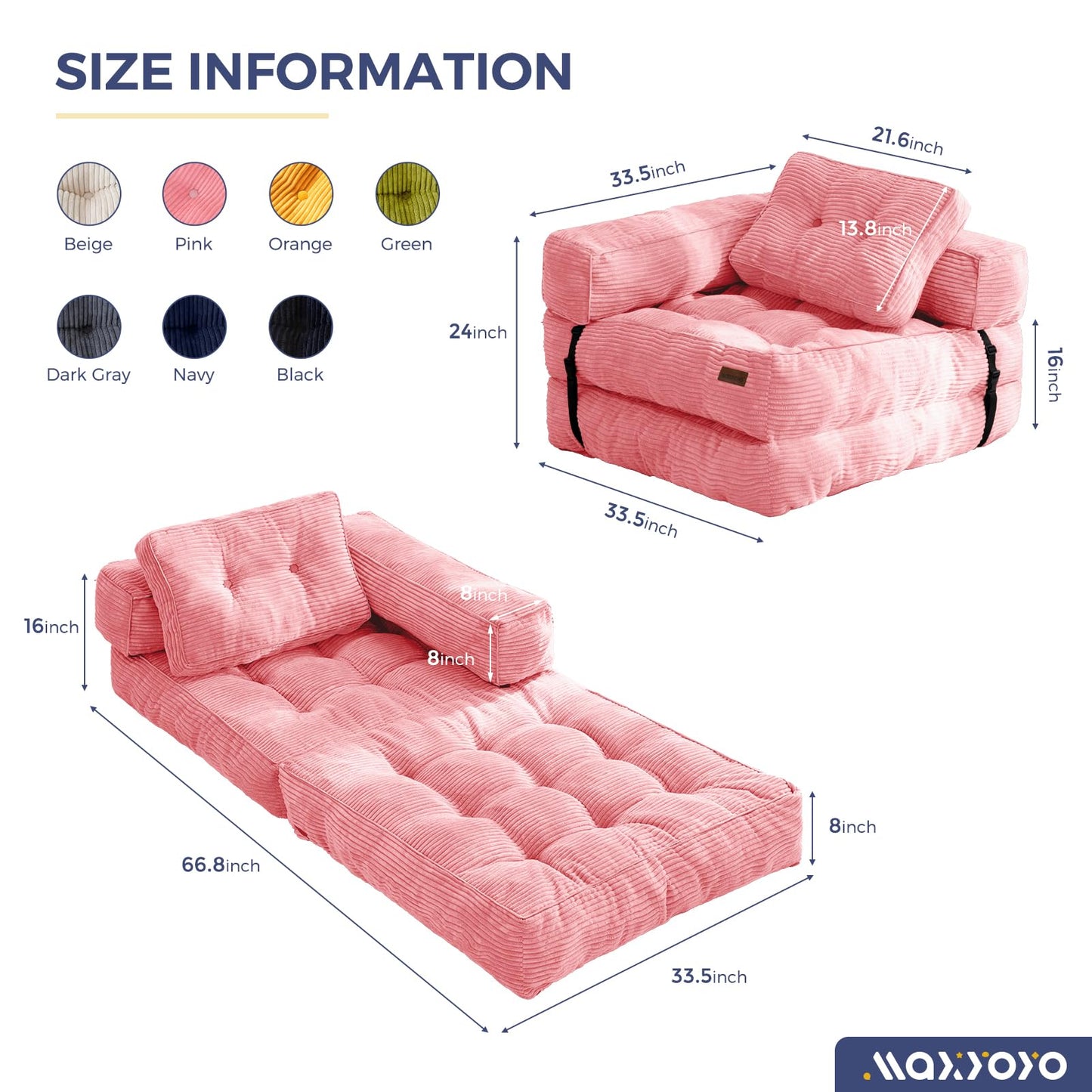 MAXYOYO Convertible L Shape Corner Sleeper Chair with Pillow Portable Fold Out Chair Bed, Floor Sofa Lounge for Living Room Bedroom, Pink