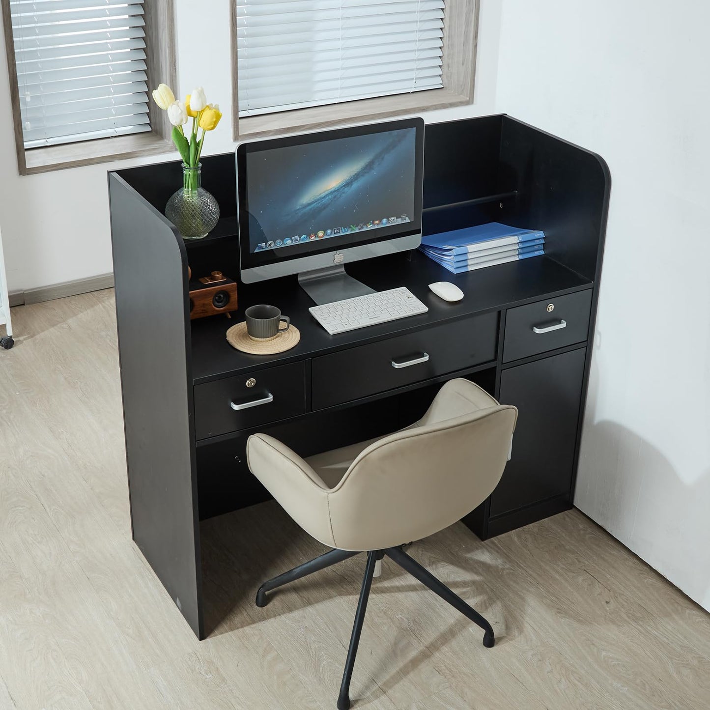 VEVOR Reception Desk, 47 Inch Rectangular Front Counter Table, Office Reception Counter with Lockable Drawer and Storage Cabinet, for Checkout, Lobby, Beauty Salon and Office, Black