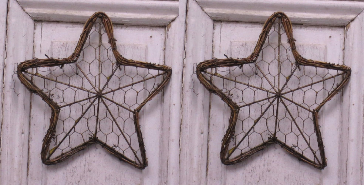 HAPPY DEALS ~ Rustic Chicken Wire Star Wall Decor, Grapevine Frame, 8 Inch, Set of 2 (2 Pc Star - 8 inch- 3d)