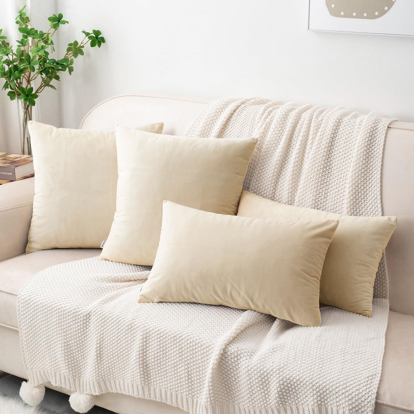 HWY 50 Cream White Velvet Throw Pillow Covers 18x18 Inch, Pack of 2 Soft Cozy Solid Decorative Luxury Cushion Cases for Couch Sofa Bed Living Room Bedroom