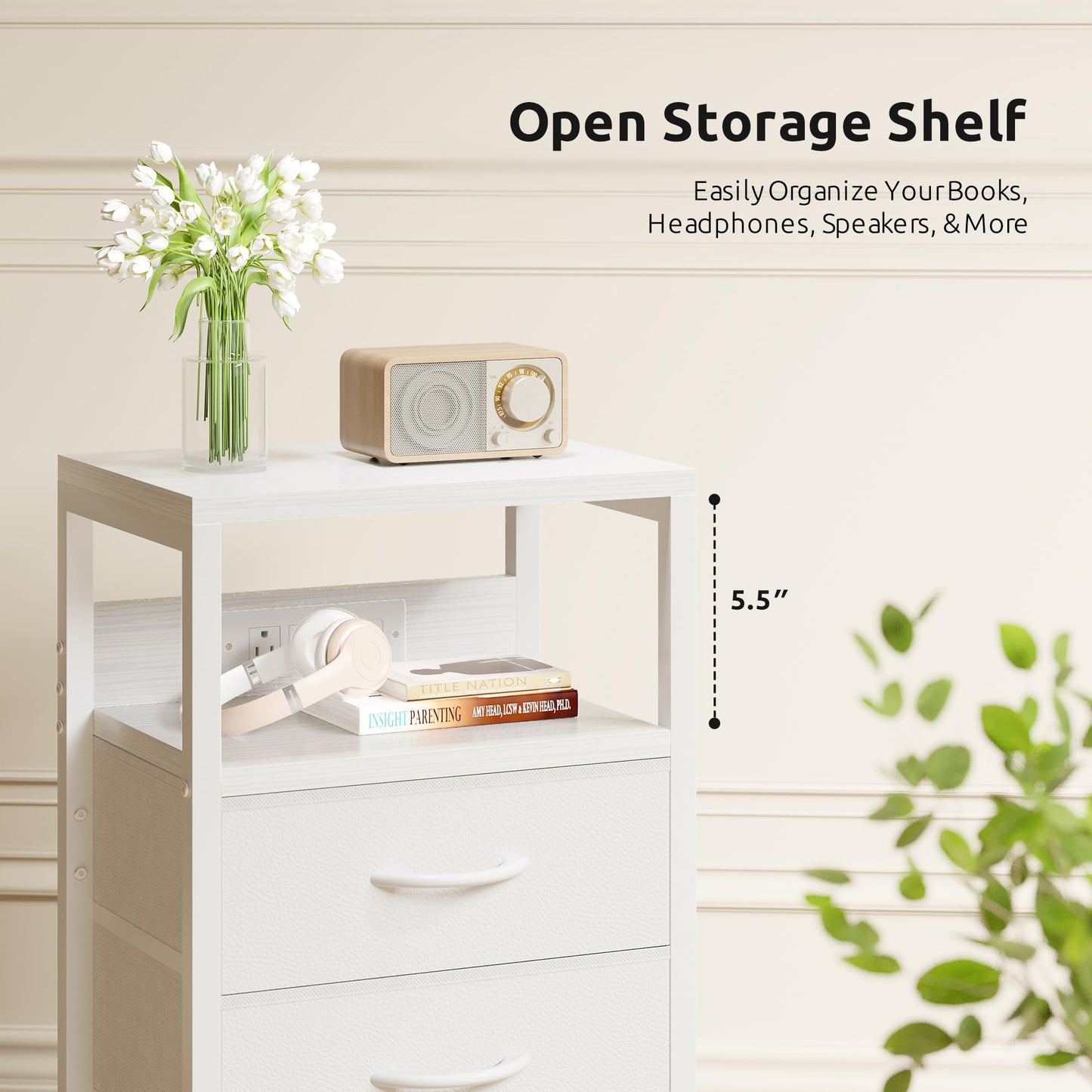 Lazzanto NightStand Bedside Charging Table Bedroom - Night Stand with Charger Station, White Modern Bed Side End Table with Open Shelf & 2 Fabric Drawers, USB-C Port & AC Outlets for Dorm, Living Room