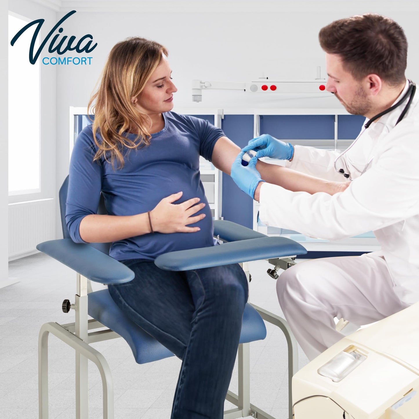 VivaComfort Blue 400 lbs Weight Capacity Phlebotomy Chair with Adjustable Armrest, Blood Draw Chair, Comfortable Lab Medical Chair