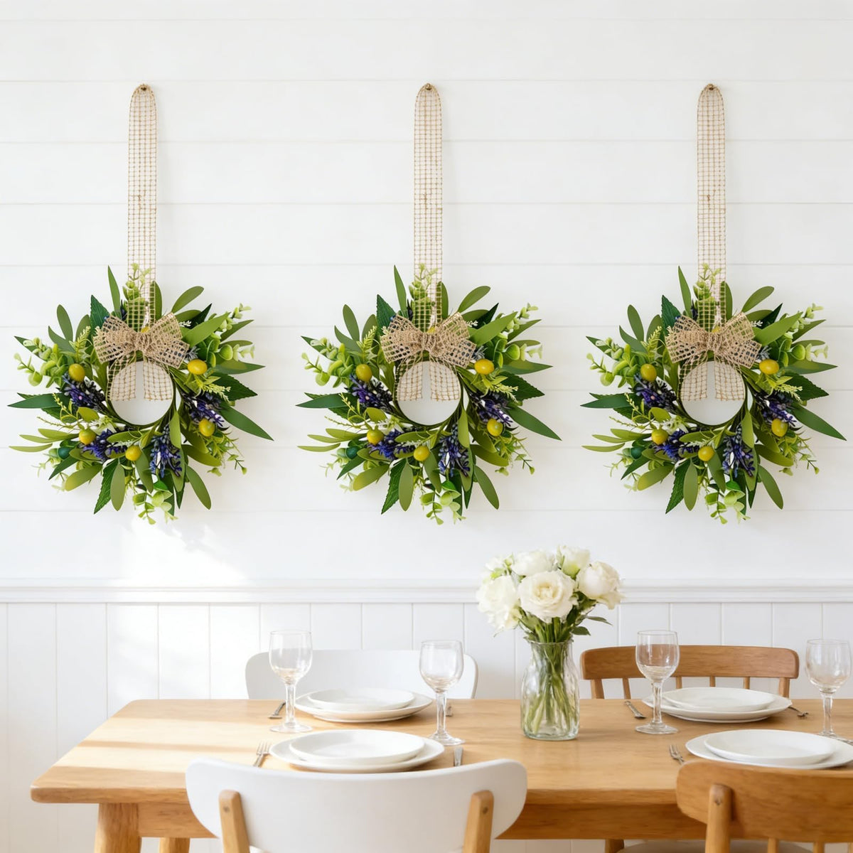4 PCS Green Eucalyptus Olive Swag Wreaths for Pillars Spring Summer Greenery Kitchen Cabinet Wreaths Mini Green Boxwood Leaves Wreath with Ribbon for Front Door Porch Wall Window Farmhouse Decoration