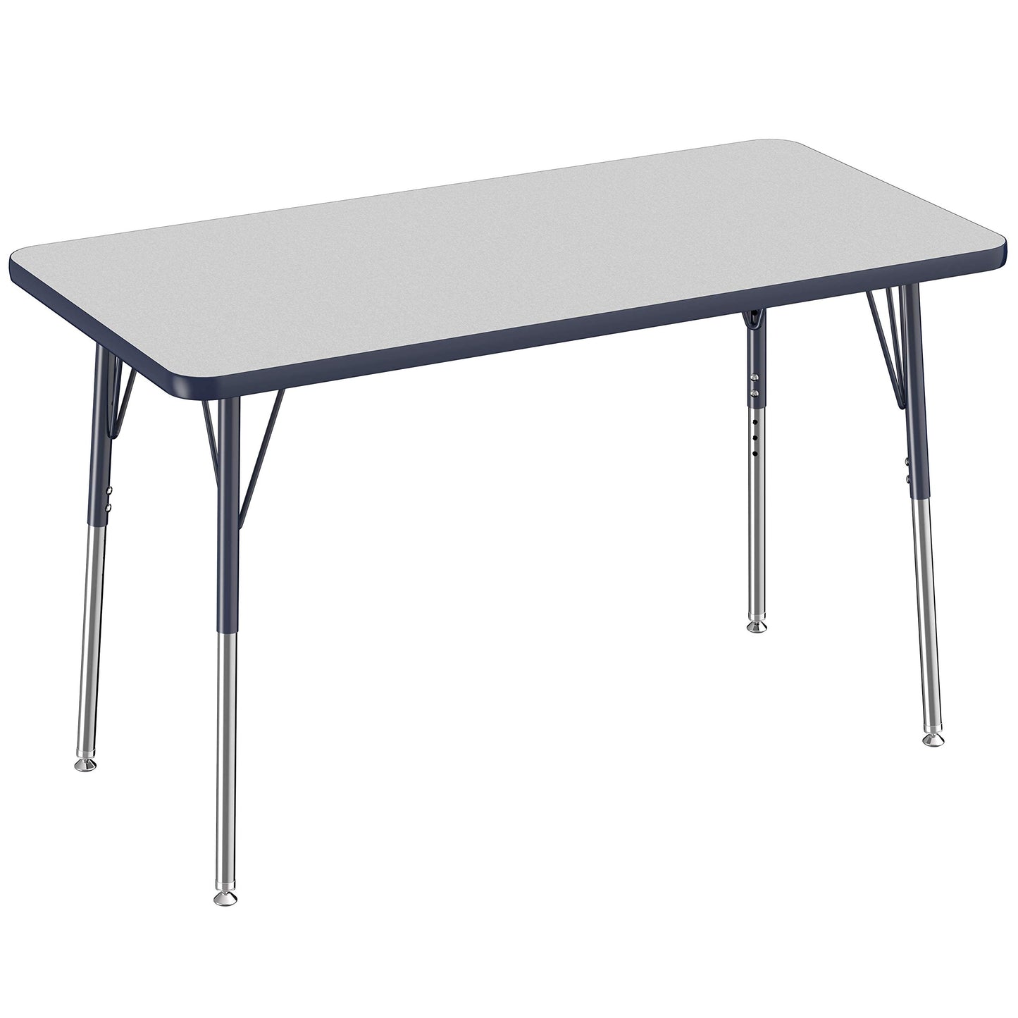 FDP Rectangle Activity School and Office Table (24 x 48 inch), Standard Legs with Swivel Glides, Adjustable Height 19-30 inches - Gray Top and Navy Edge