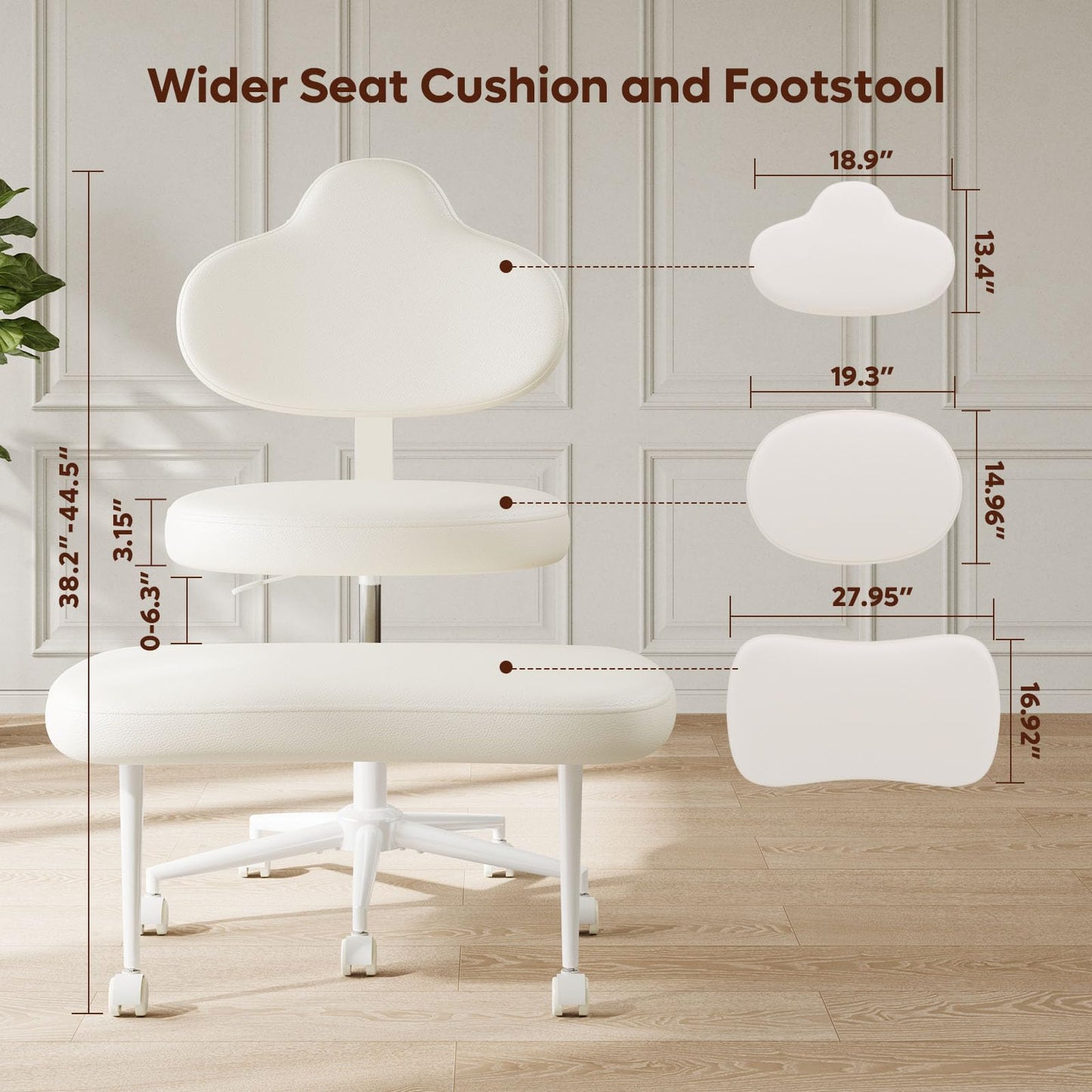 Cross Legged Office Chair with Wheels for ADHD, Ergonomic 360° Swivel Height-Adjustable Meditation Chair for Yoga, Kneeling Chair with 4 inch seat Cushion and Lumbar Support, PU Leather, Off White