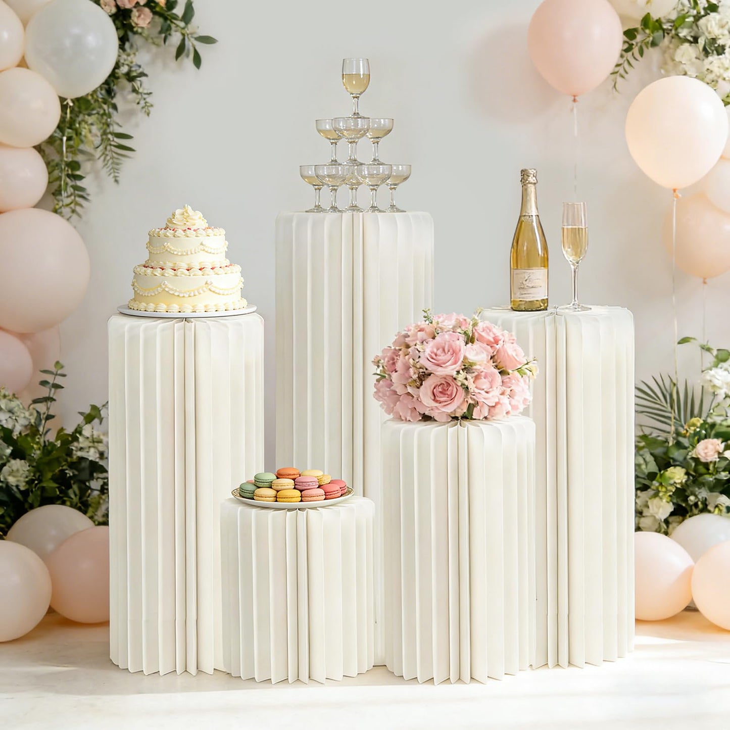 JarThenaAMCS 5 Pcs Portable White Cylinder Stand for Party Round Tall Cake Pedestal Stands with Acrylic Plates Foldable Cardboard Column Tables for Anniversary Birthday Baby Shower Wedding Decor