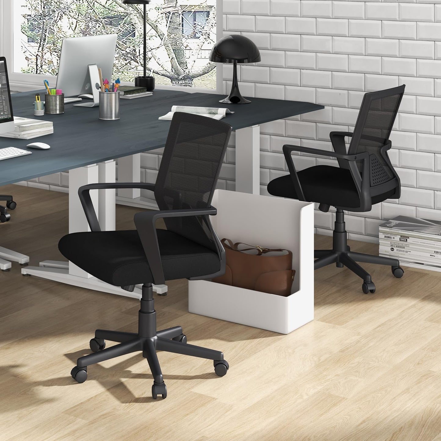 Giantex Office Desk Chair with Lumbar Support, Ergonomic Mesh Office Chair with Wheels and Armrests, Mid Back Rolling Swivel Adjustable Task Chair, Executive Computer Chair for Home Office, Black
