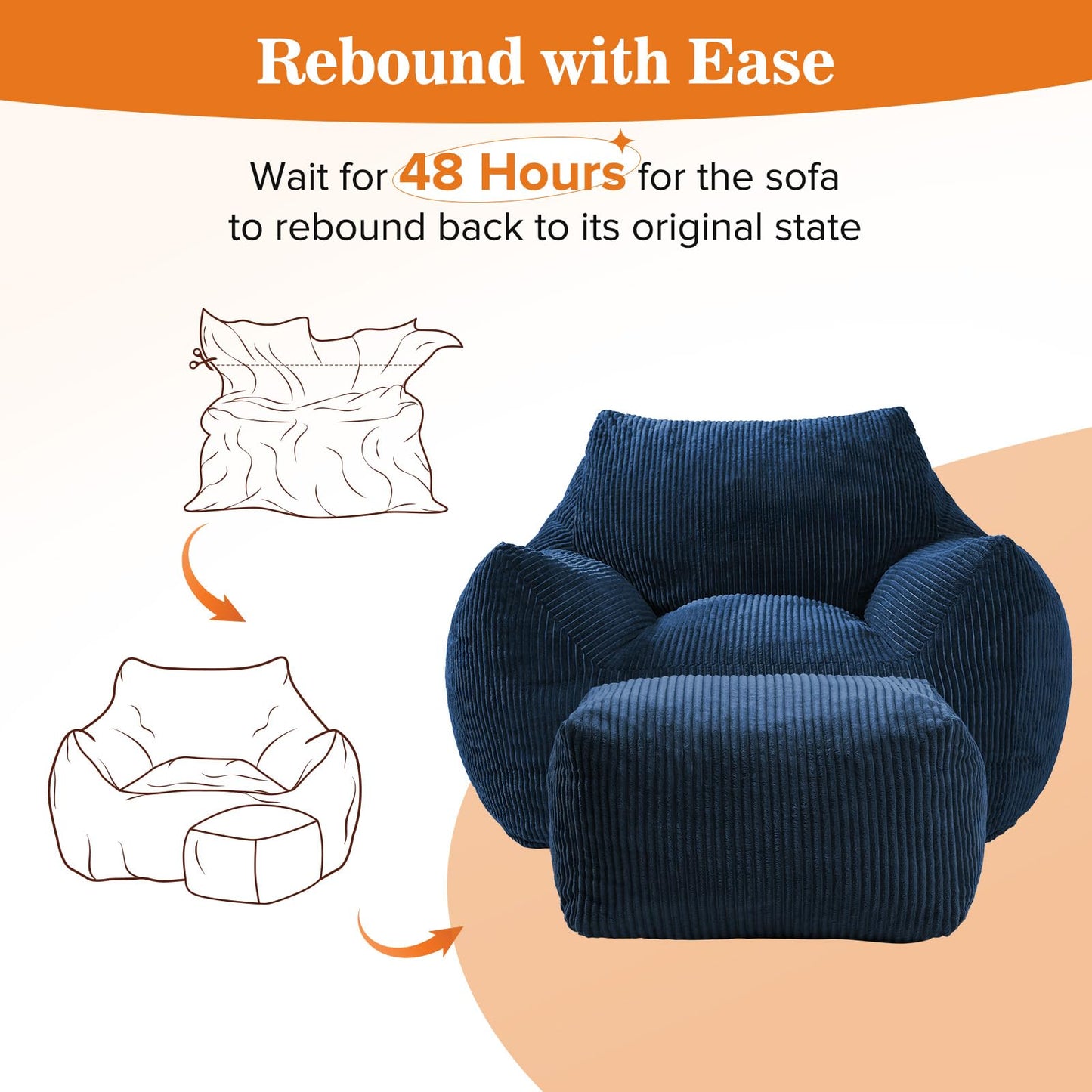 Vellorise Big Bean Bag Chair for Adults, Ultra Soft Living Room Bean Bag with Armrests & Ottoman, Stuffed BeanBag Chair for Napping, Gaming, Vacuum-Compressed for Easy Gifting, 48h to Expand,Navy Blue