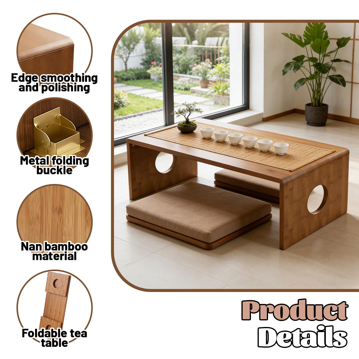 Zansens Foldable Low Coffee Tables,Japanese Folding Floor Table,Bamboo Floor Table Desk,Low Tea Table,Portable Coffee Tables with No Assembly Required,for Tea Rooms, Restaurants,Office