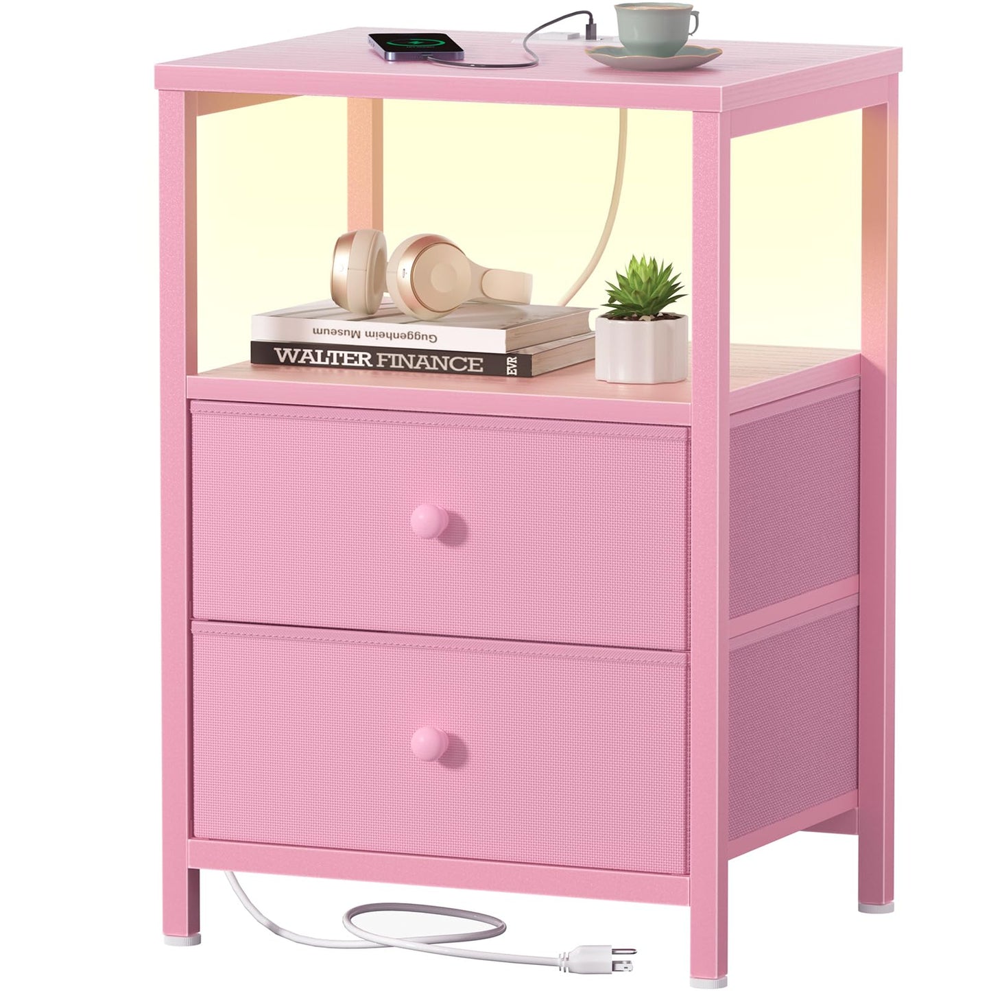 BOLUO Pink Nightstand with Charging Station, LED Night Stand with 2 Fabric Drawers, Bedside Table with USB Ports and Outlets, Nightstand for Bedroom Modern