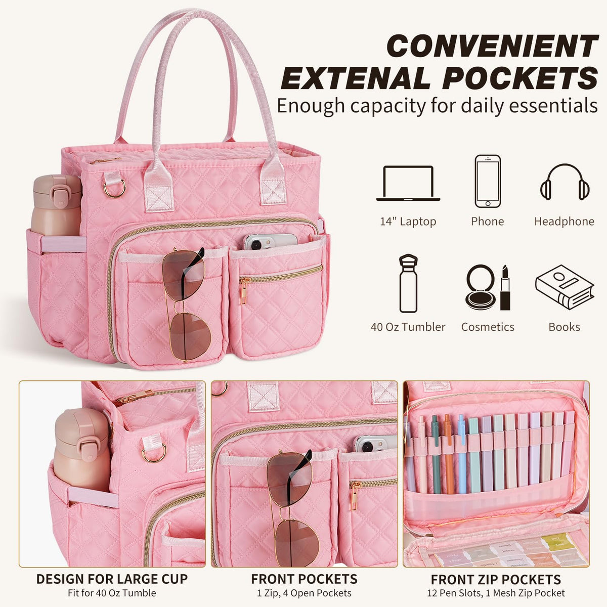 KOPKOFT Large Bible Cover Case for Women, Quilted Church Tote Bag with Shoulder Strap, Bible Study Supplies Journaling Kit Bible Accessories, Christmas Christian Gift for Women (Pink)
