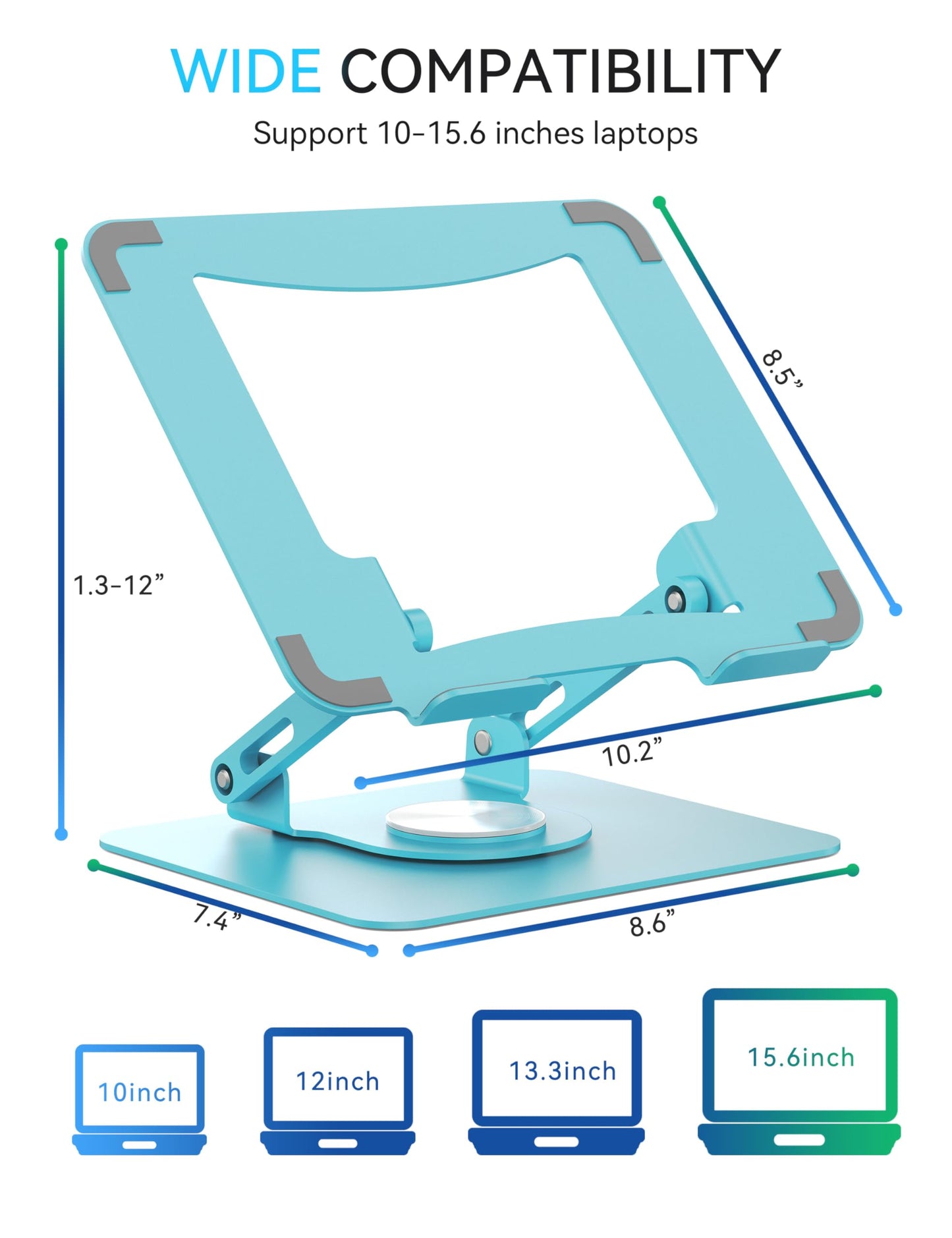 SOUNDANCE 360 Rotating Laptop Stand, Ergonomic Computer Riser for Desk, Adjustable Height Multi-Angle Metal Holder, Foldable Portable Notebook Elevating Base for Office & Home, Blue