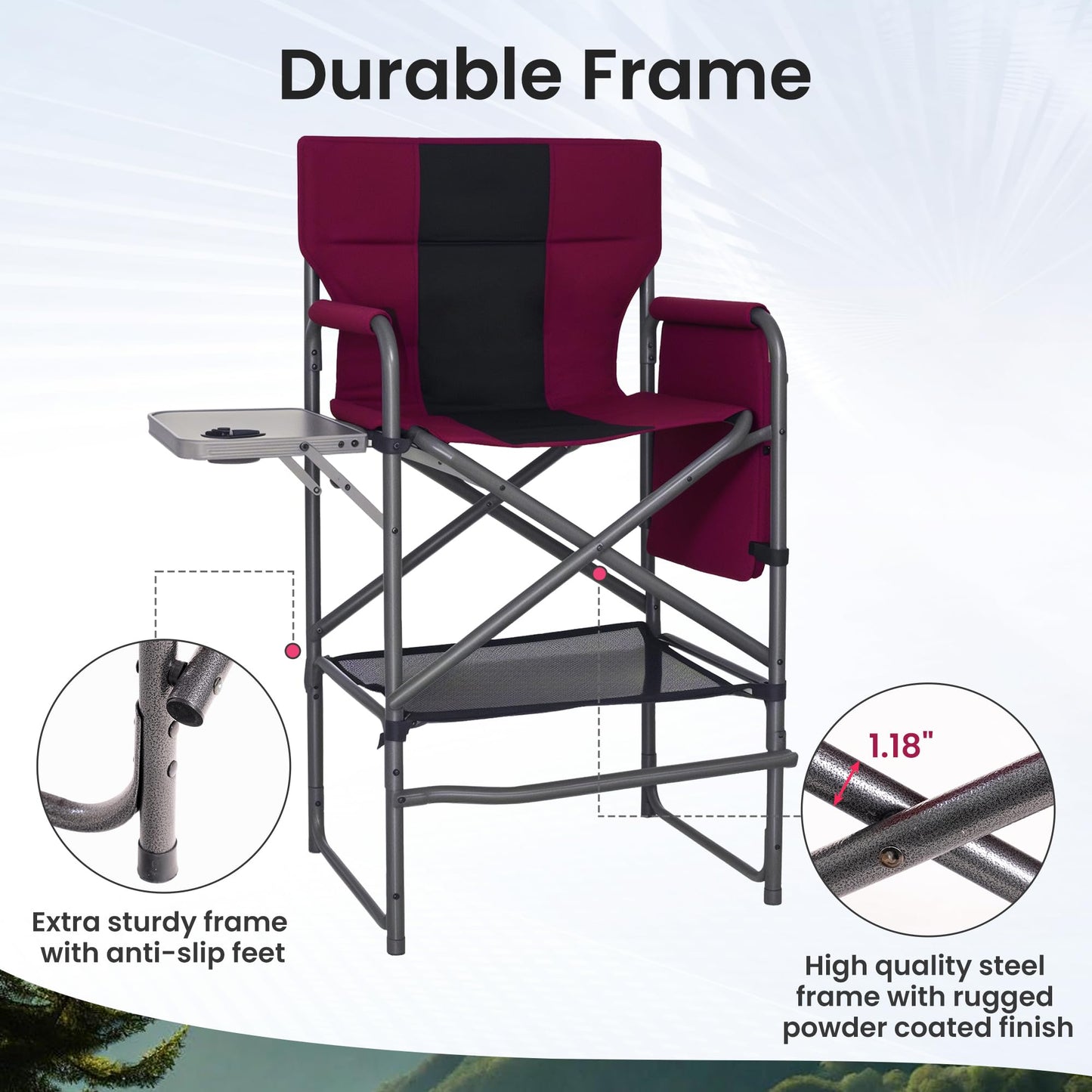 Foristrail 30" Bar Height Director Chair - 400lbs Heavy Duty with Detachable Footrest & Side Table, Portable Foldable Chair for Makeup Artists/Outdoor Events (Wine Red)