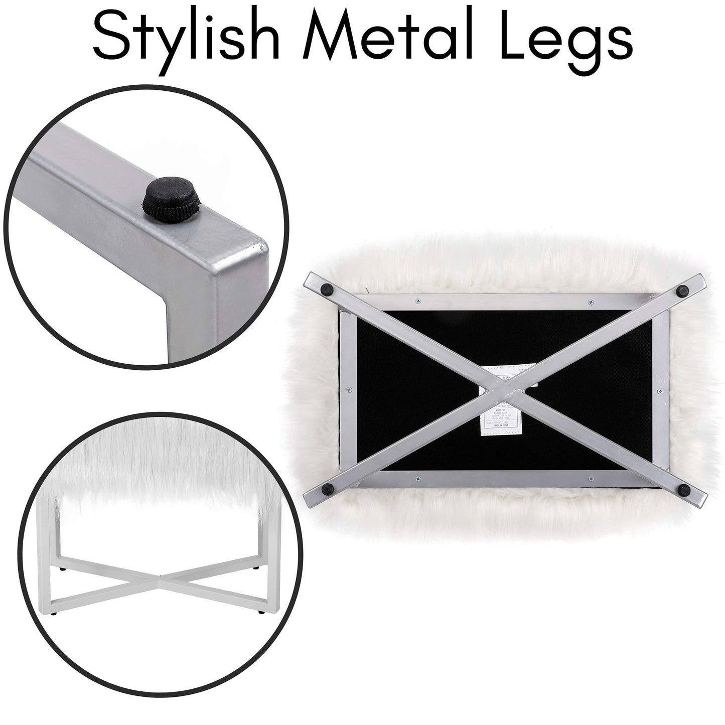 BIRDROCK HOME Rectangular Faux Fur Vanity Foot Stool Ottoman with Metal Legs - Small Soft Padded and Fluffy Makeup Seat or Foot Rest for Bedroom, Desk, or Dressing Table (White and Gray)