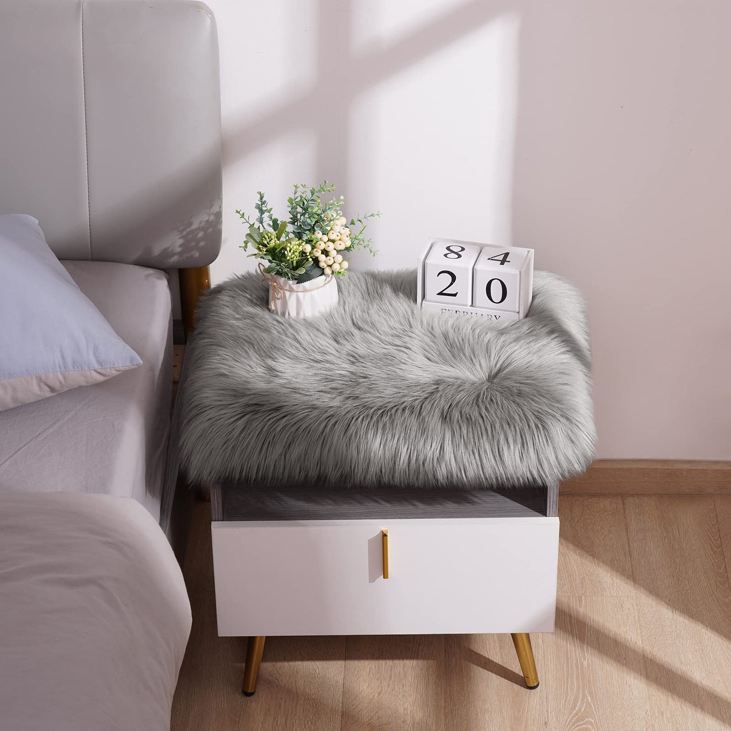 Softlife Grey Faux Fur Sheepskin Chair Cover 2 PCs Seat Cushion Pad Super Soft Area Rugs for Living Bedroom Sofa Dorm (1.6ft x 1.6ft)