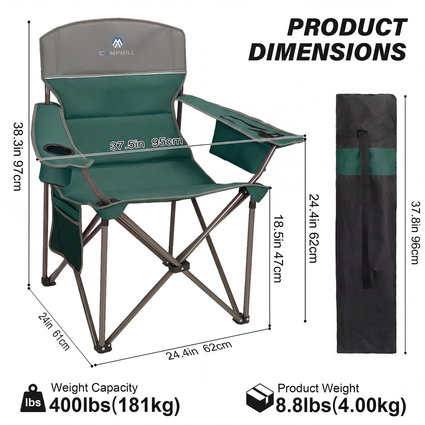 CAMPHILL Oversized Camping Chairs 2 Pack - Heavy Duty 400LBS Padded Lawn Chair with Cooler Bag,Cup Holder,Side Pocket,Collapsible for Outdoor,Camp,Fishing & Garden,Dark Green