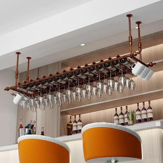 Bar Hanging cafe Wine Bottles Racks, Modern Stylish ceiling shelf Wine Racks for Home Display, Metal wall mounted Wine Bottle Glass Holder, Floating Storage Shelves Wine Cups Hanging rack(Brown,80cm)