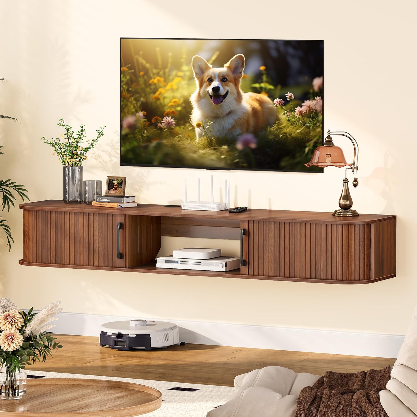 Snughome 55" Floating TV Stand for TVs up to 65", Fluted Floating Entertainment Center with Sliding Door, Wall Mounted TV Shelf, Mid-Century Modern TV Console for Living Room, Bedroom