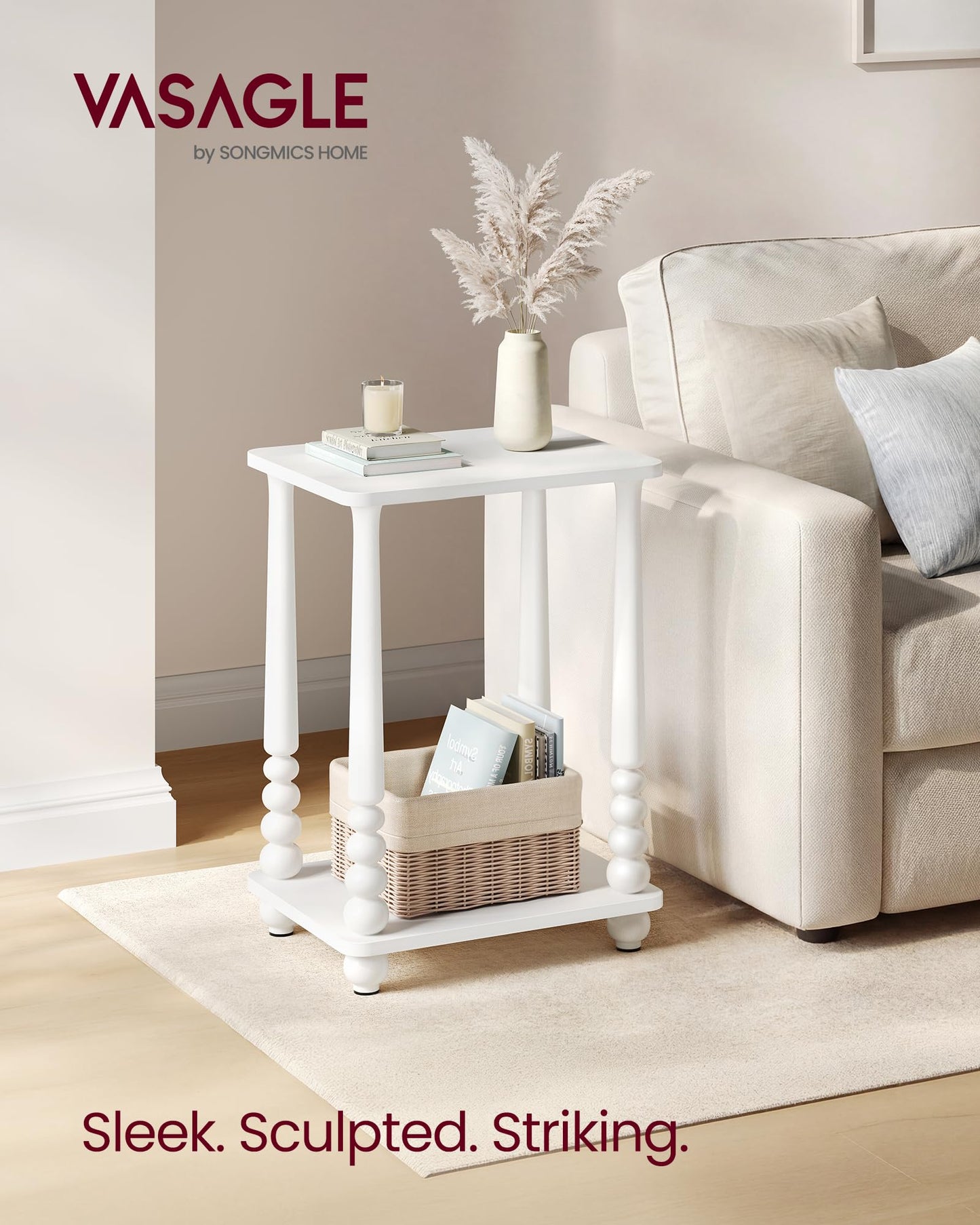 VASAGLE Mariel Collection - Side Table, Accent Nightstand for Small Spaces, Rectangular End Table with Shelf, Solid Wood Legs, Mid-Century Modern, Living Room Bedroom, Cloud White ULET294WB01S