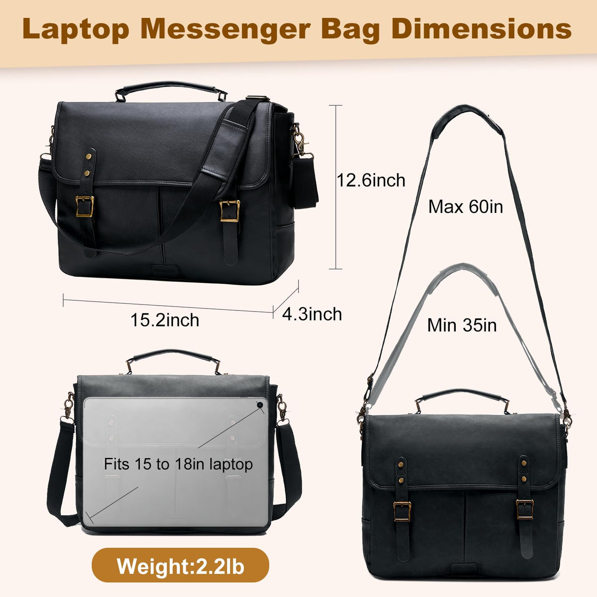 Leather Messenger Bag for Men, 15.6in Laptop Briefcase Vintage Waterproof Laptop Bag Shoulder Bags Satchel Office Bag(Black)