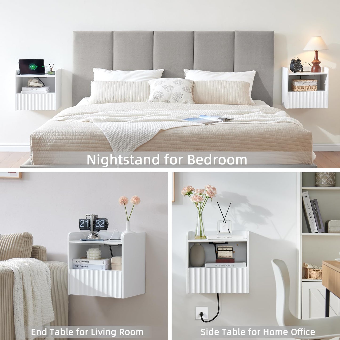 BuildHom Modern Fluted Floating Nightstand Wall Mounted - Bedside Table with Storage Drawer & Display Shelf, Minimalist Bedroom Furniture for Studio Apartments (Matte White)