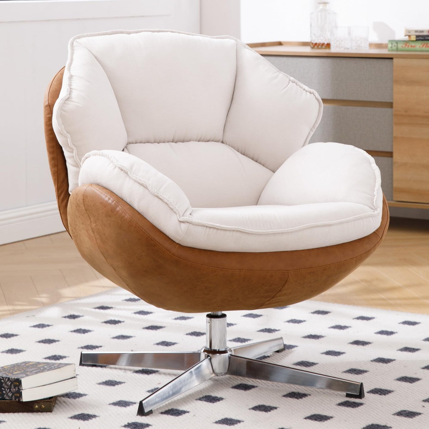 BESTANO Swivel Accent Chair, Chenille Upholstered Modern Living Room Chair with Backrest 360 Degree Metal Base Armless Reading Chair for Bedroom, Beige