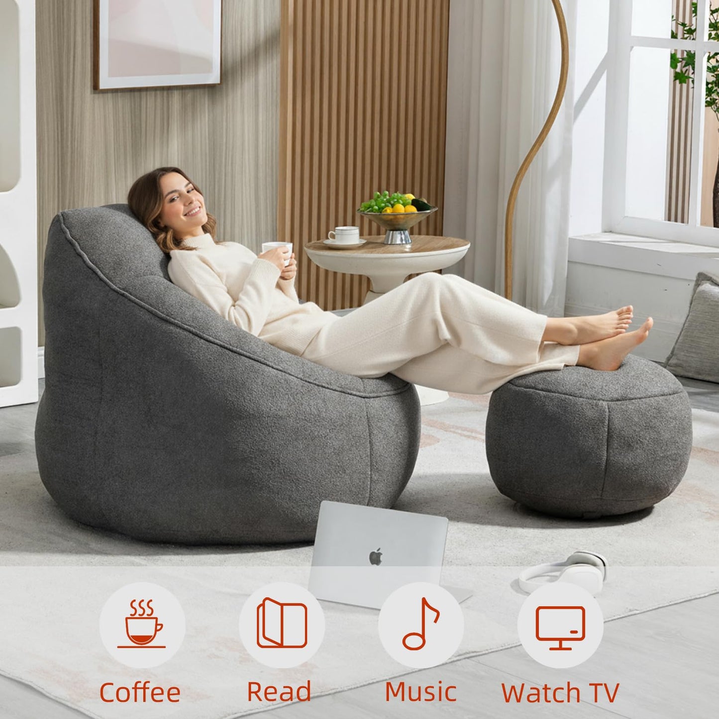 MEIGUGAO Bean Bag Chairs, Gaint Bean Bag Couch with Memory Foam for Adults and Kids, Microfiber Upholstered Sofa with Ottoman, Comfy Lazy Bean Bag Reading Chair for Living Room