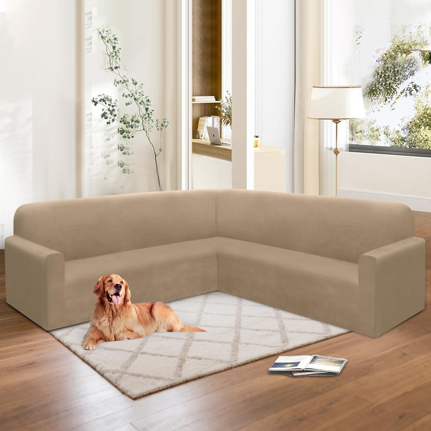 HDCAXKJ Corner Sectional Couch Covers Velvet Stretch L Shape Sofa Cover Soft Thick Sectional Slipcovers U Shaped Living Room Non Slip Magic Furniture Protector for Pet Dogs (Light Coffee, X-Large)