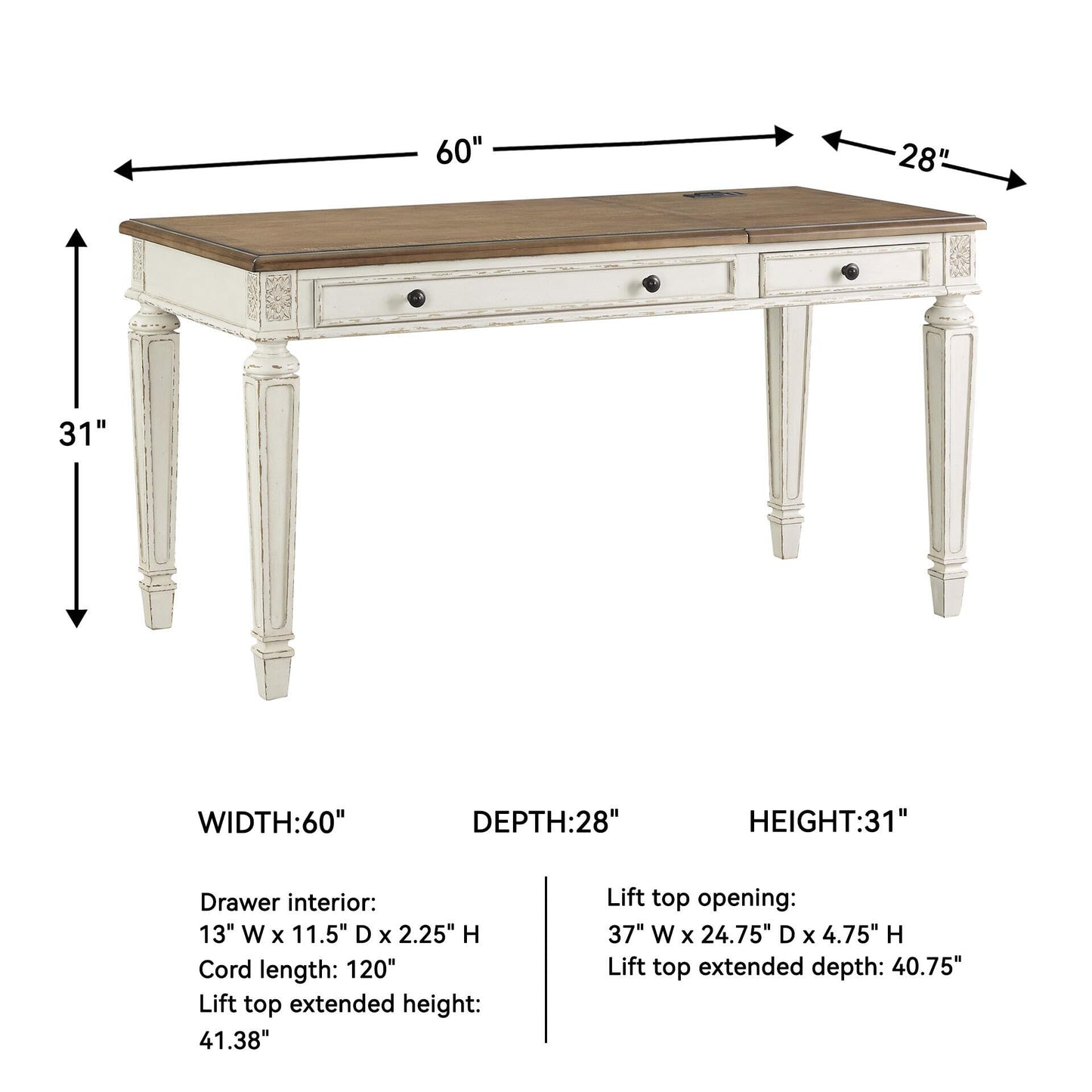 Signature Design by Ashley Realyn Home Office Lift Top Desk, USB Charging, Spring Lift Top, Smooth-gliding Drawer, 60" W x 28" D x 31" H, Chipped White and Brown