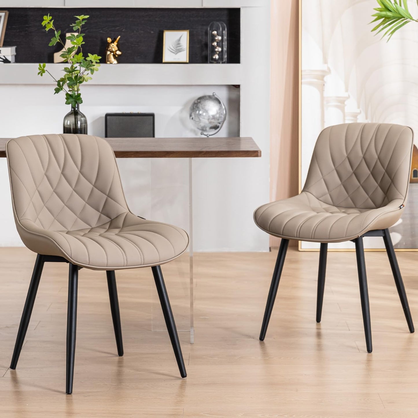 YOUNUOKE Dining Chairs Set of 2 Mid Century Modern Kitchen Chair Comfortable Upholstered Faux Leather Dinner Chairs for Kitchen Dining Room, Khaki