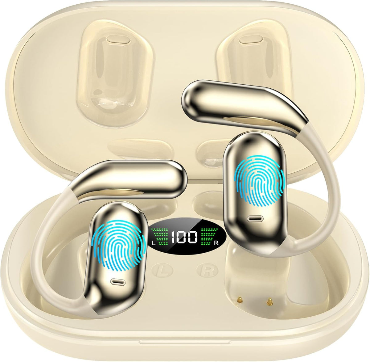 Real-Time AI Translation Earbuds, Open-Ear Audifonos Traductores Inglés Español Two-Way Translator Headphones, Bluetooth Wireless Earhooks for Business, Travel, Learning, Meetings (Oatmeal Beige)