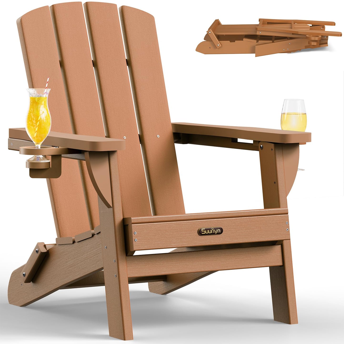 SUUNYN Folding Adirondack Chair, HDPE Adirondack Chairs with 2 Cup Holder, Plastic All-Weather Fire Pit Chairs, Outdoor Lawn Chair for Patio Garden (Teak)