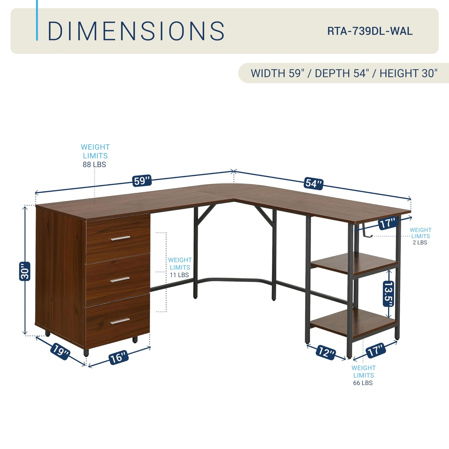 Techni Mobili L Shaped Desk - Two-Toned Computer Desk with Drawers & Storage Shelves - Simple Modern Furniture & Home Office Space Corner Table for Work & Writing