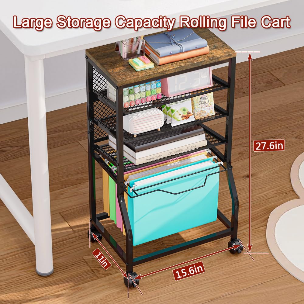 INGIORDAR 5-Tier Rolling File Cart, Under Desk Storage Organizer with Lockable Wheels & Mesh Sliding Trays, Multi-Functional Mobile Utility Cart for Office, Home, School, Black