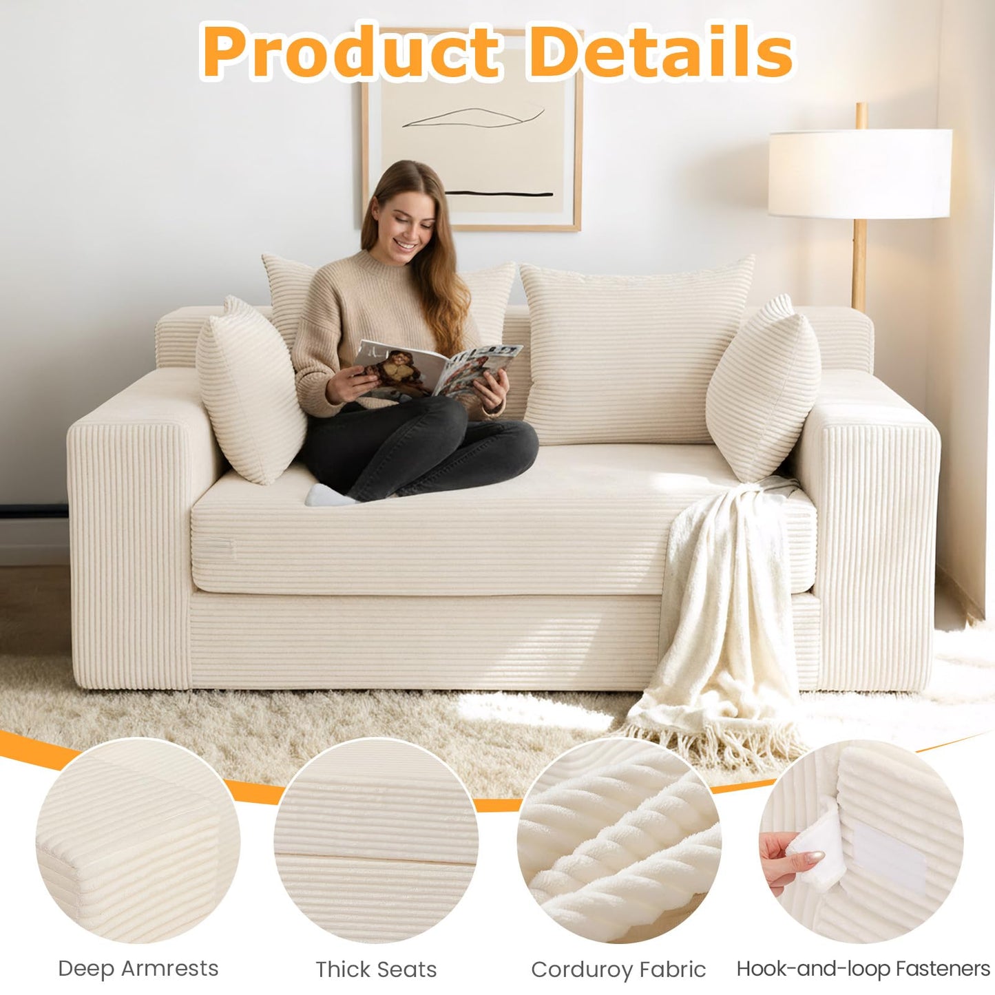 Winzoo Boneless Loveseat Sleeper Sofa Bed, 3-in-1 Convertible Sofa Bed and Futon Couch with 4 Pillows, 55" Beige Boneless Couch for Living Room, Guest Room, Small Space, No Assembly Required, Corduroy