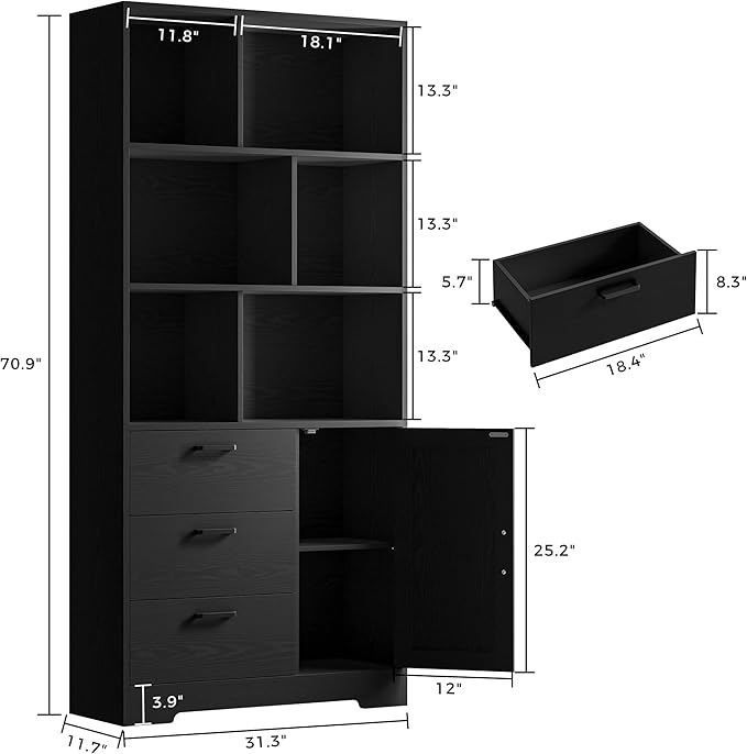 IRONCK Bookshelf, 70.9 Inch Tall Bookcase, 3-Tier Bookshelves