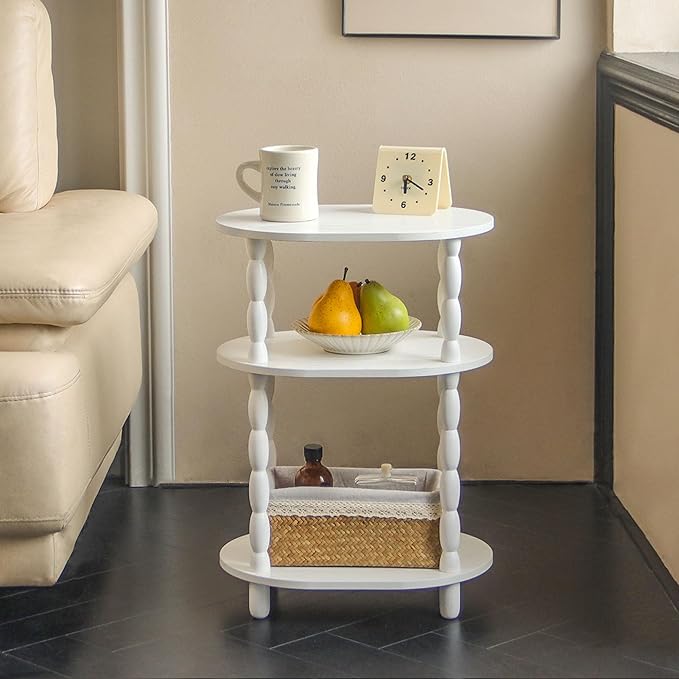 MaxSmeo White Side Table, 3-Tier Small Oval End Table, Modern Night Stand Wood