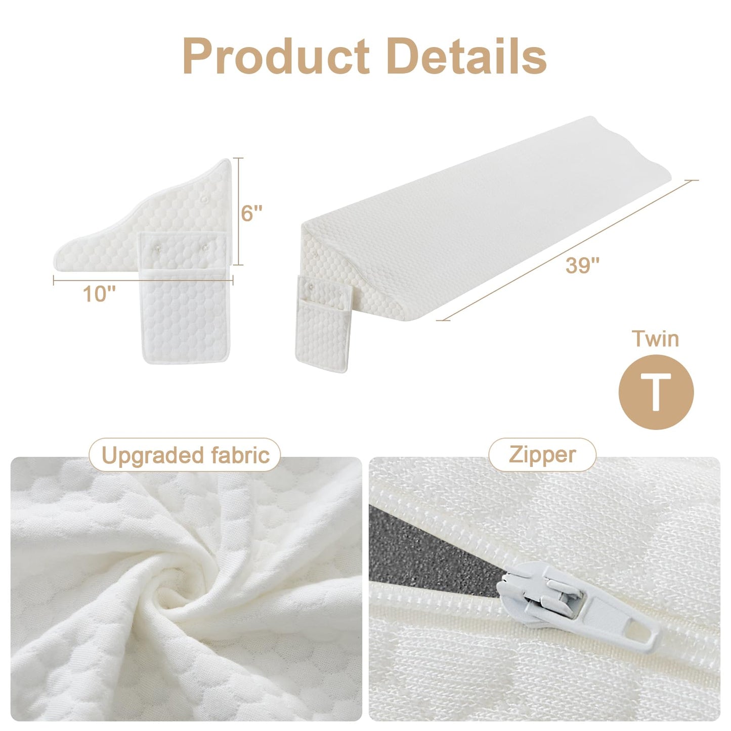 Yojoker Twin Size Bed Wedge Pillow for Headboard Gap, Wedge Pillow Headboard with Side Pockets and Wave Contour, High-Density Foam Bed Gap Filler (0-6"), 39x10x6 Inch, White