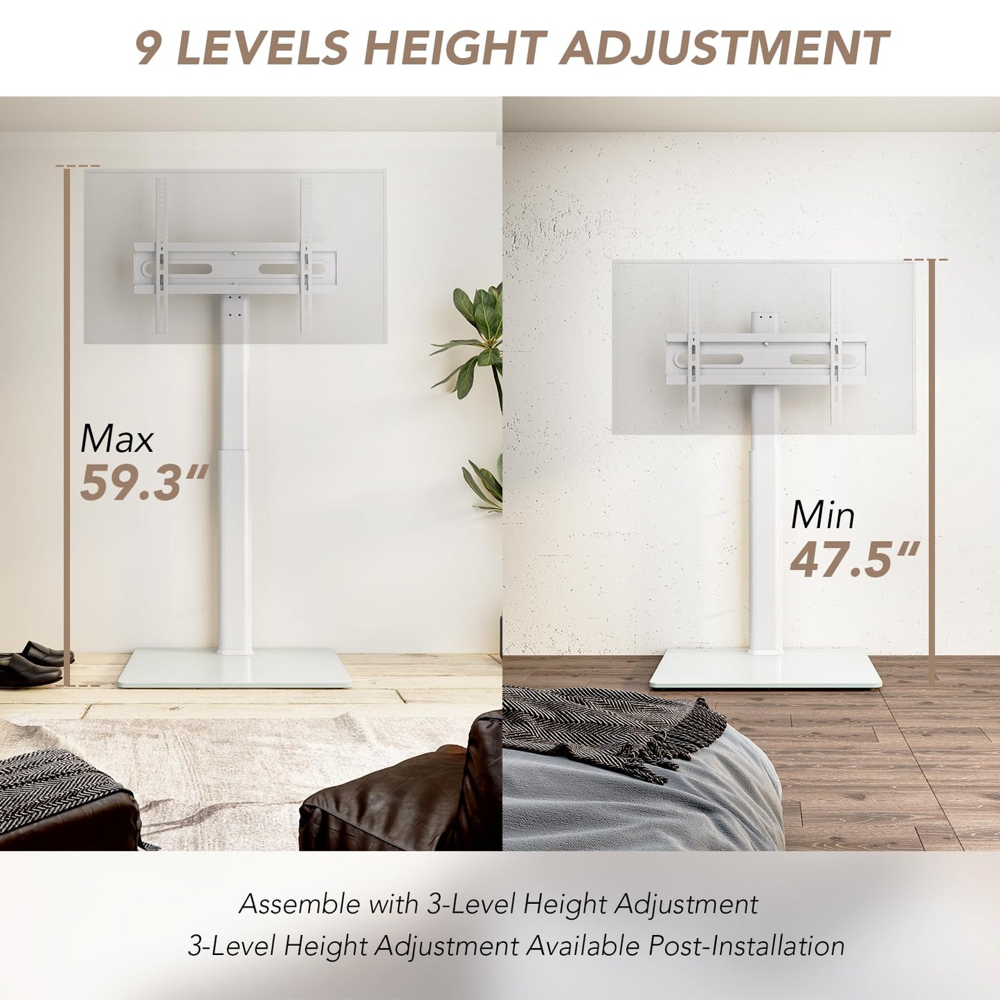 AX WABER Universal Floor TV Stand with Mount 70 Degree Swivel 9 Level Height Adjustable and Space Saving Design for Most 27 to 65 inch LCD, LED OLED TVs, Perfect for Corner & Bedroom White AX1006TW