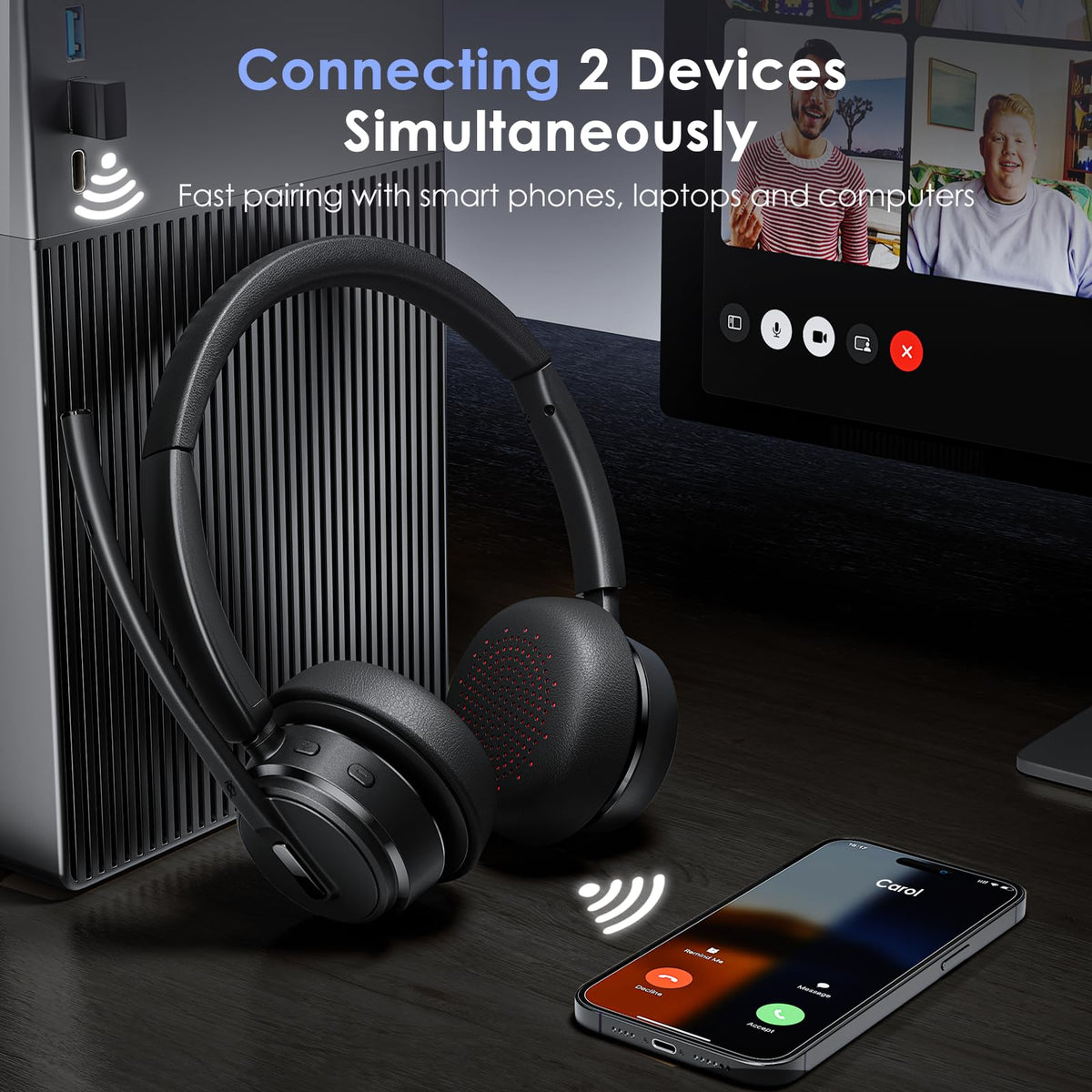 Mopchnic Wireless Headset with Noise Cancelling Microphone, On-Ear Bluetooth Headset with USB Dongle, Mute Function & Charging Base, Wireless Headphones for Work from Home and Call Center (Black)