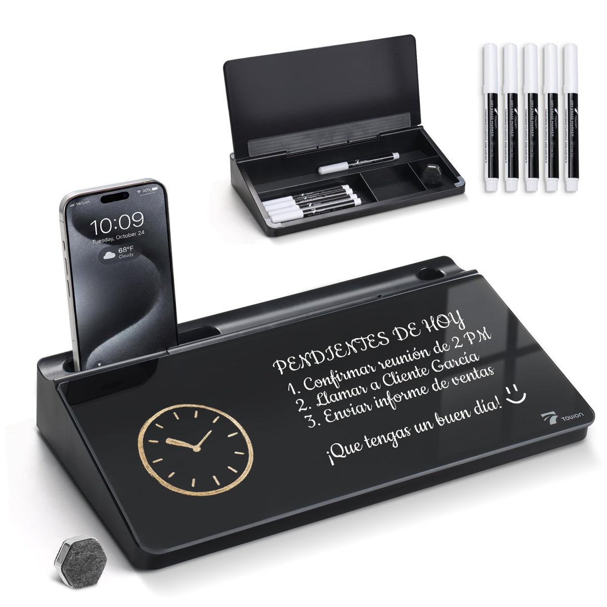 TOWON Small Compact Glass Desktop Whiteboard with Storage – 12 x 7 in Dry Erase Board for Desk, Home Office, School | Includes 5 Markers, Eraser & Holder | Space-Saving Organizer, Aesthetic Black
