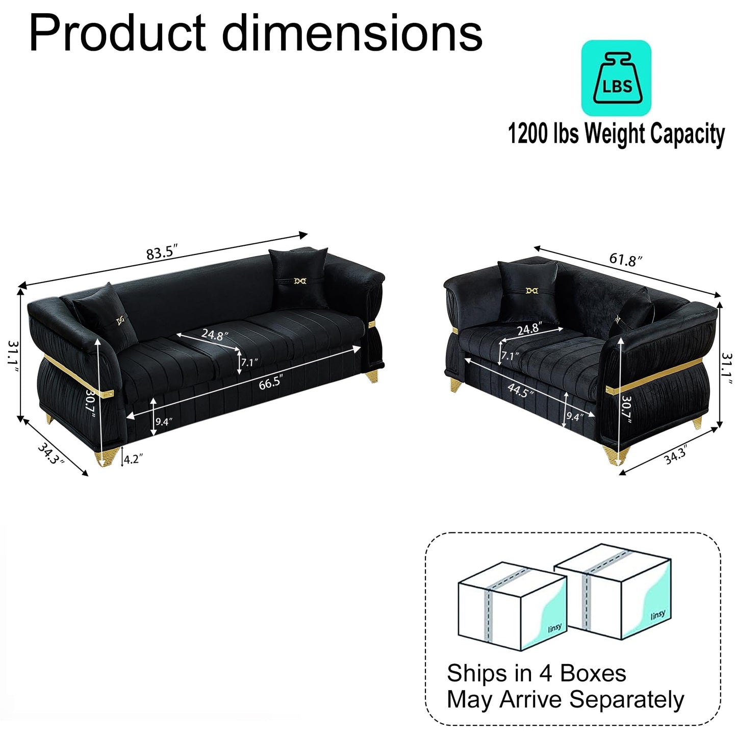 KEIKI 2-Piece Luxury Chesterfield Sofa Set with 1 Velvet 3-Seater Sofa & 1 Loveseat Sofa, Modern Style 5-Seater Couch Set with 4 Pillow & Rolled Arms & Tapered Gold-Tone Legs, for Living Room, Black