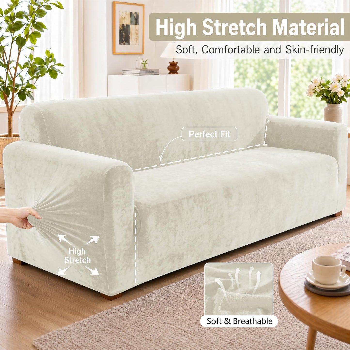 YEMYHOM Real Velvet Armchair Covers 1 Piece Stretch Chair Slipcovers Chair Protector for Living Room Thick Soft Chair Cover with Elastic Bottom Couch Cover for Pets Kids (31"-46", Beige)